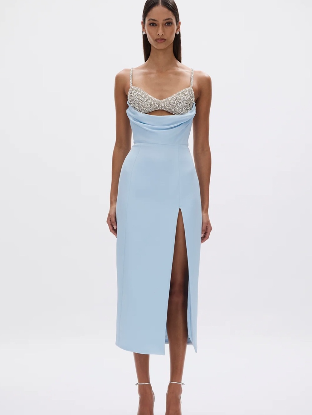Rachel Gilbert Light Blue Satin Slip with Jeweled Bust Detail